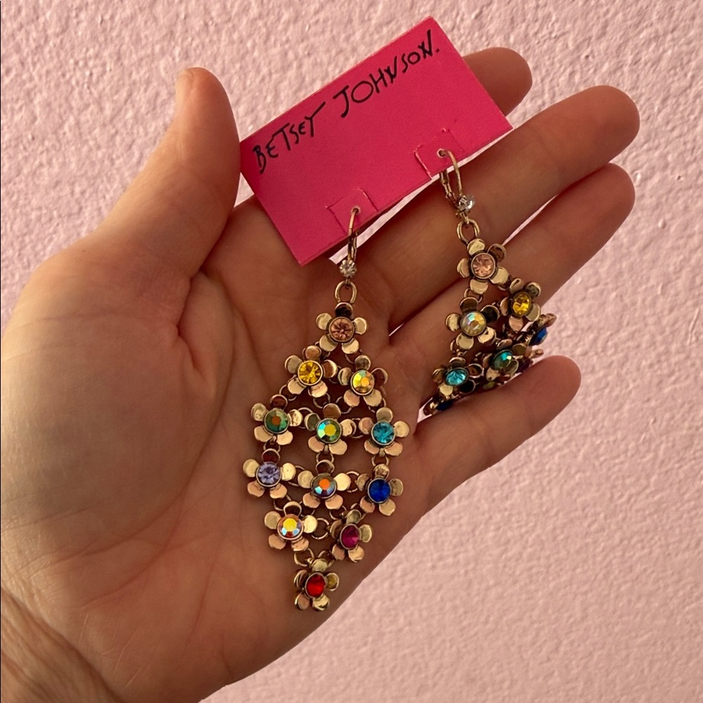 Betsey Johnson Gold-tone Multicolor Crystal Flower Dangle Earrings - Picture 3 of 3